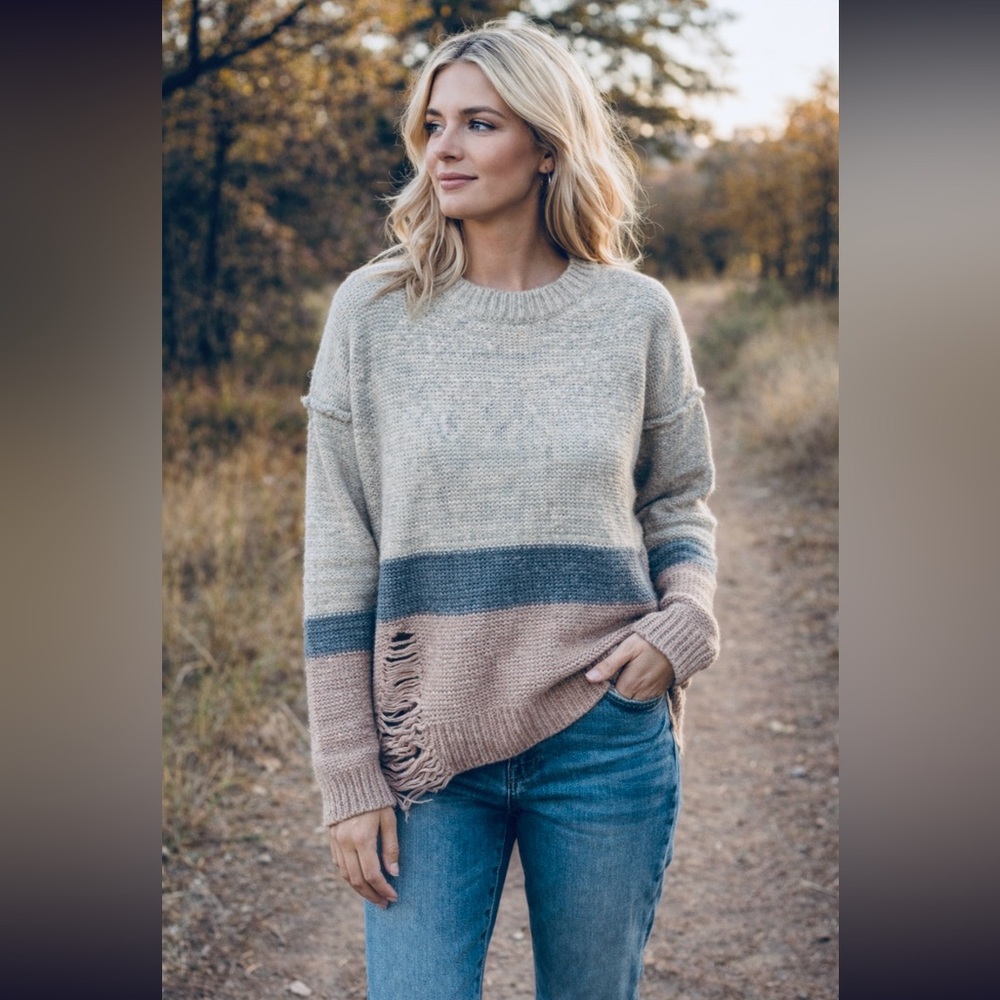 NWT Hem & Thread Anthropologie Distressed Sweater. Neutral Striped |Women’s Sz-M